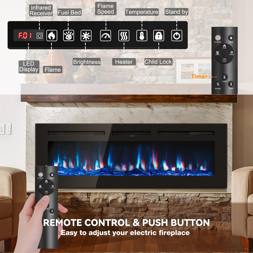 60 Inch Electric Fireplace In-Wall Recessed and Wall Mounted with Remote Control, 1500/750W Fireplace Heater (60-99°F Thermostat) with 12 Adjustable Color, Timer, Log and Crystal