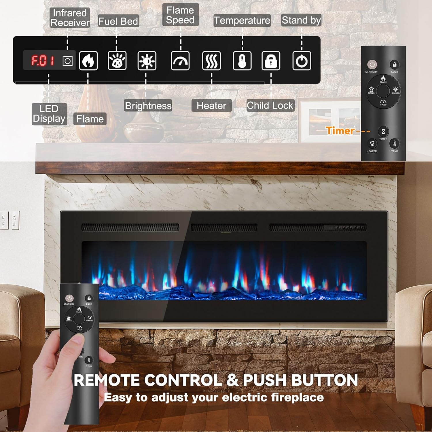 60 Inch Electric Fireplace In-Wall Recessed and Wall Mounted with Remote Control, 1500/750W Fireplace Heater (60-99°F Thermostat) with 12 Adjustable Color, Timer, Log and Crystal