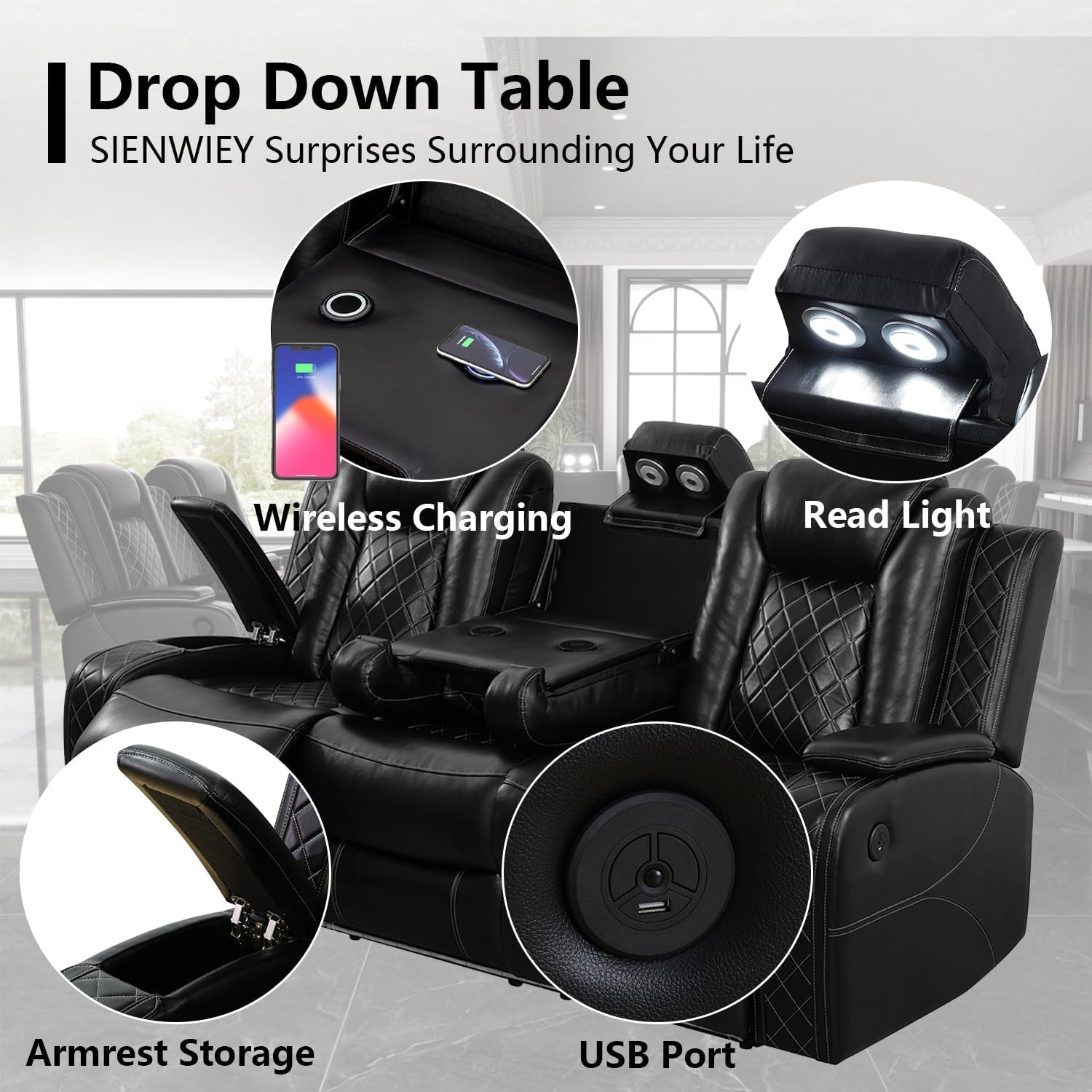 Power Leather Recliner Sofa Set with LED Light,Reclining Sofa and Chair Set with Usb,Leather Couch Set for 3 Seater Couch with Coffee Table/Single Recliner 2 PCS for Living Room(Black,3+1)
