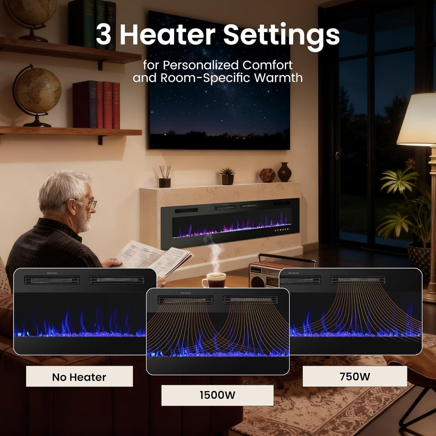 72" Electric Fireplace Wall Mounted & Recessed, 3.19" Ultra-Thin Linear Fireplace Electric Heater with Remote Control & Touch Screen, 750/1500W, Low Noise, Timer