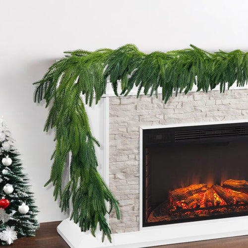 2Pcs 6Ft Christmas Garlands Norfolk Pine Garland Faux Greenery Pine Garland for Christmas Holiday Winter Wall Mantle Fireplace Staircase Indoor Outdoor Decoration
