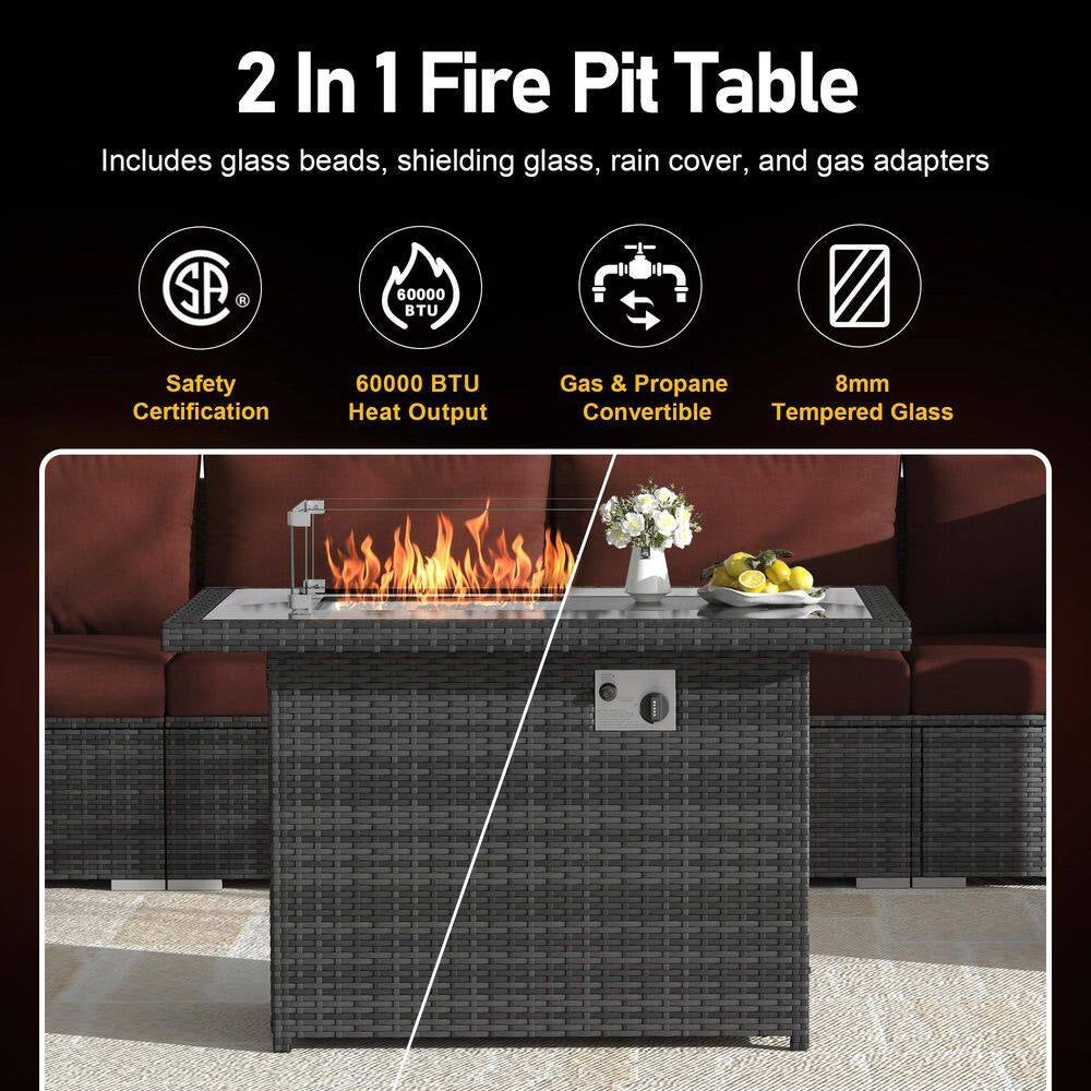 Large Gray 13-Piece 12-Seats Wicker Patio Fire Pit Sofa Set with Light Red Cushions and 43 In. Fire Pit Table