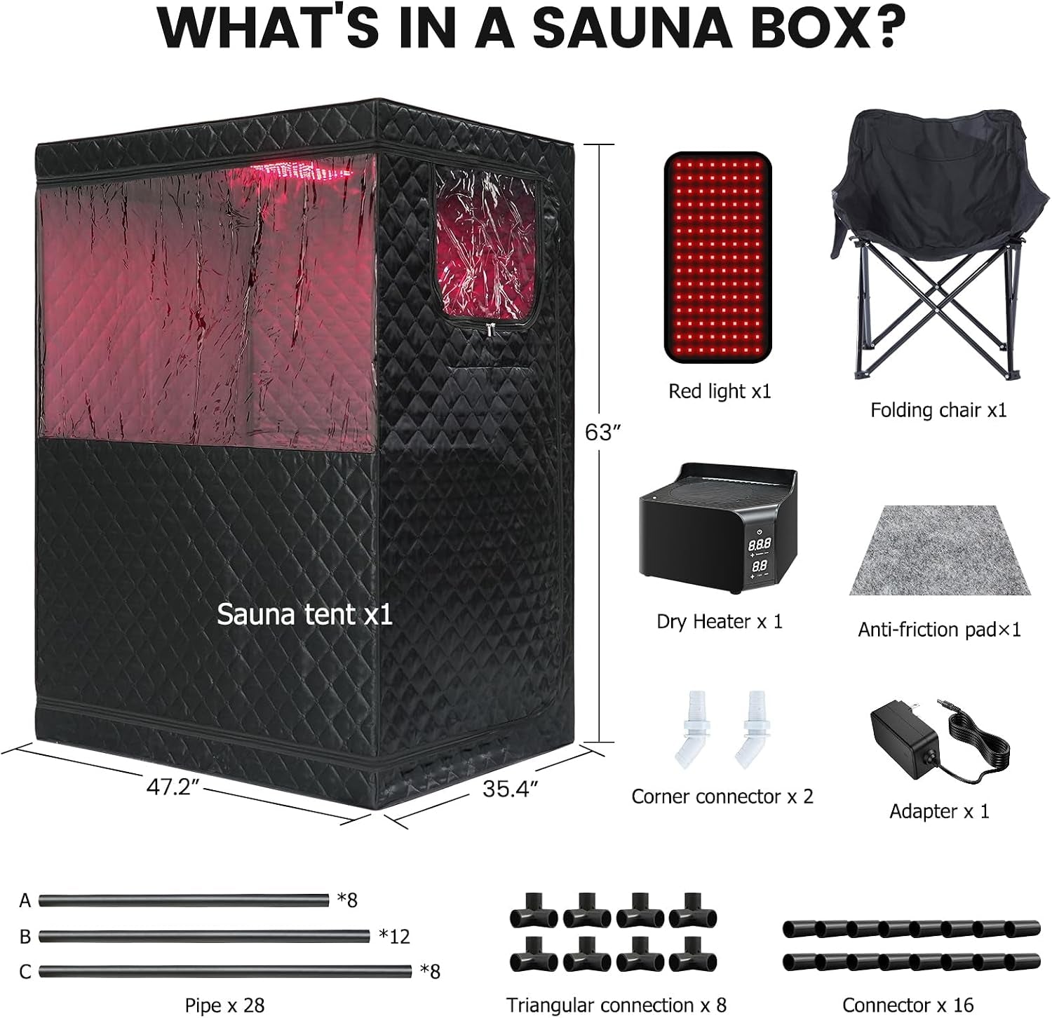 Portable Steam Sauna, Personal Steam Sauna Box, Indoor Steam Sauna for Home, with 4L 1600W Steamer, Remote Control, Folding Chair (Black, 47.24 * 35.43 * 62.7 Inch)