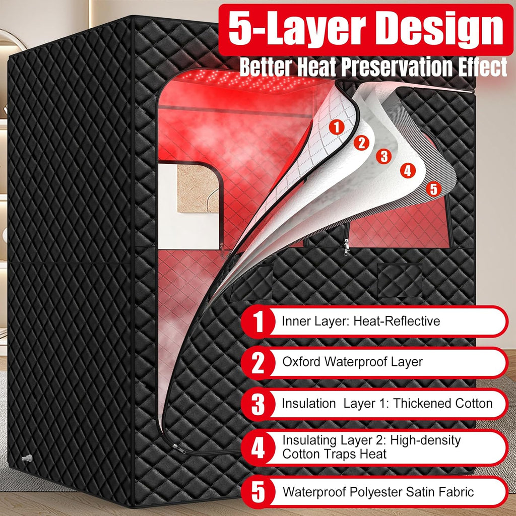 2 Person Infrared Sauna Box for Home, Portable Steam Sauna Room with 660Nm＆850Nm Red Light Therapy Lamp, 5-Layer Waterproof, 2 Steamers, 2 Folding Chair