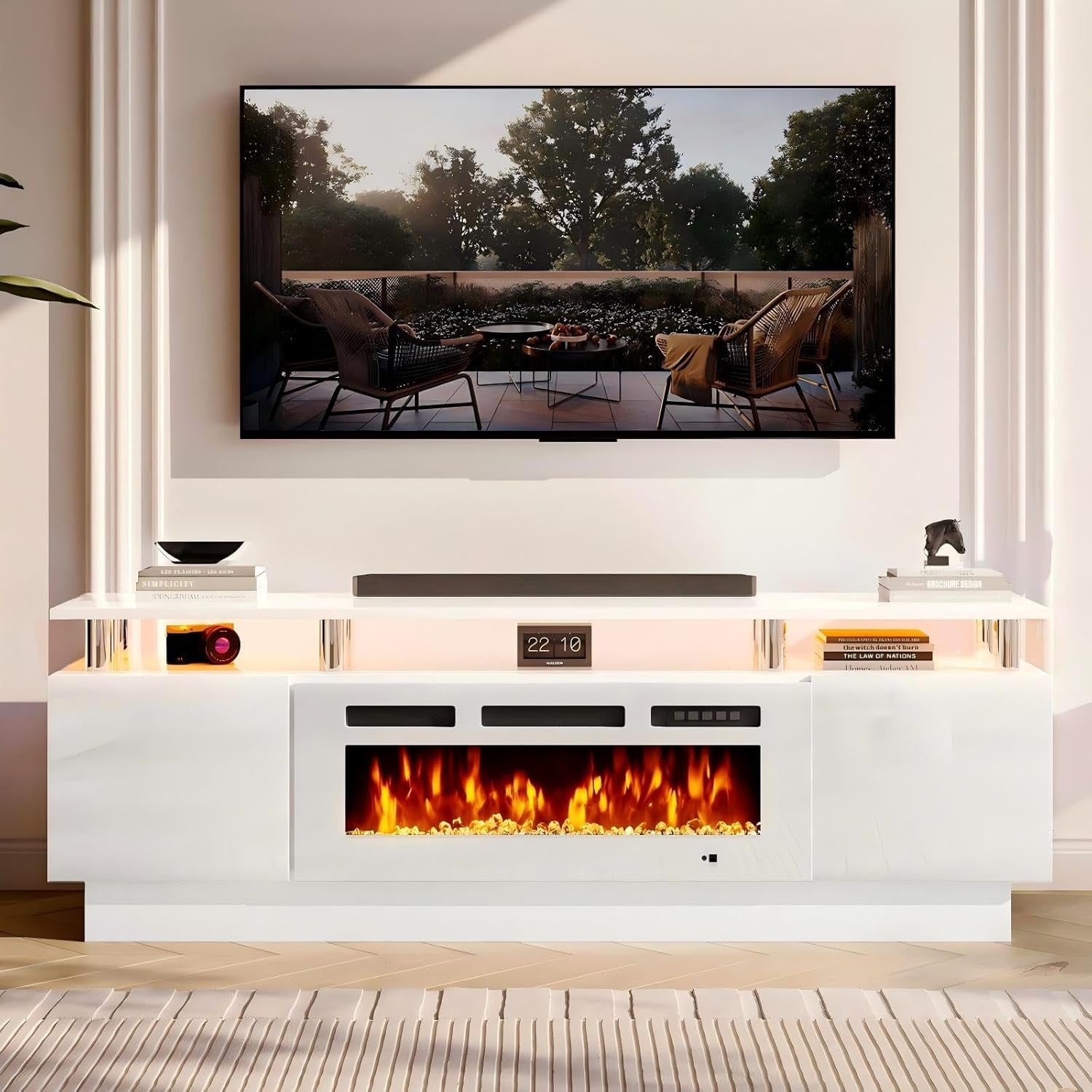70" Fireplace TV Stand, Modern Entertainment Center & 36 Inch Electric Fireplace with Remote Control, LED Light, Fire Place Tv Stand for Living Room for Tvs up to 80", White + White