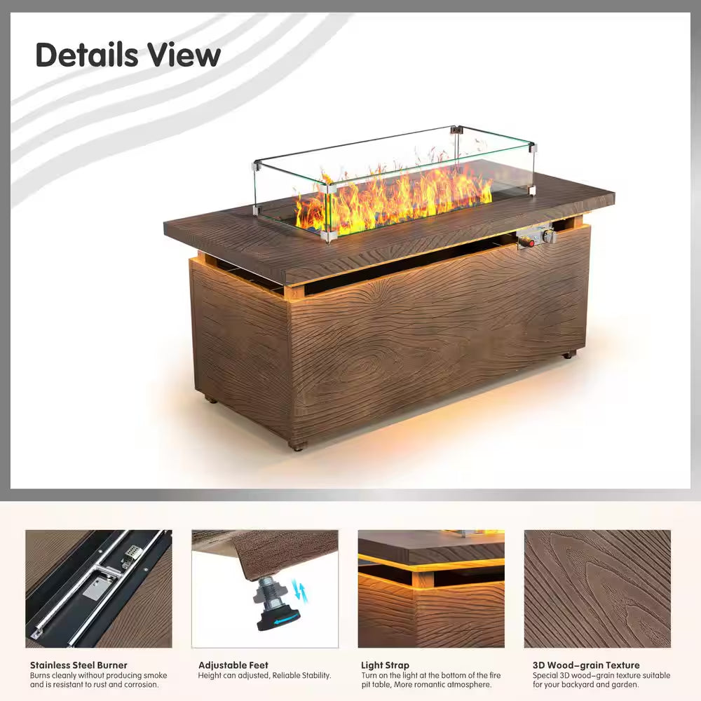 51 In. Retangular Fire Pit Table with Metal Table Top Outdoor Fire Pit Table in Brown Wood Grain