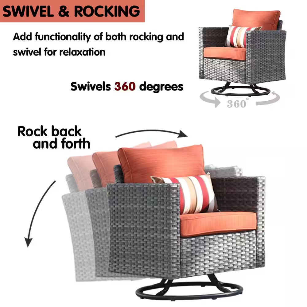 Mars Gray 9-Piece 7-People Wicker Patio Conversation Fire Pit Sofa Set with Red Orange Cushion and Swivel Rocking Chairs