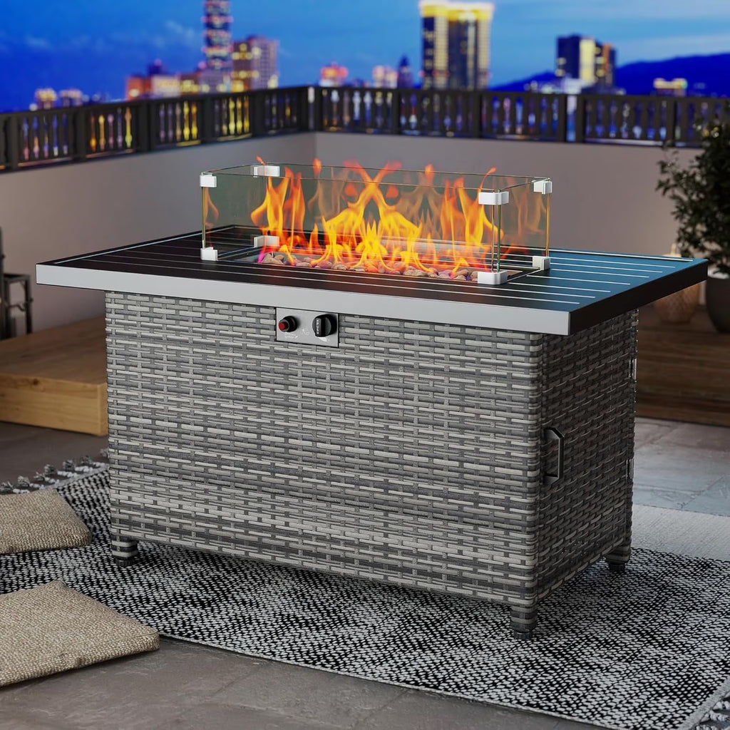 44 Inch Outdoor Wicker Fire Pit Table, 50000 BTU Propane Fire Pits with Glass Wind Guard and Lid, Patio Gas Fire Pit for outside Patio and Garden(Brown)