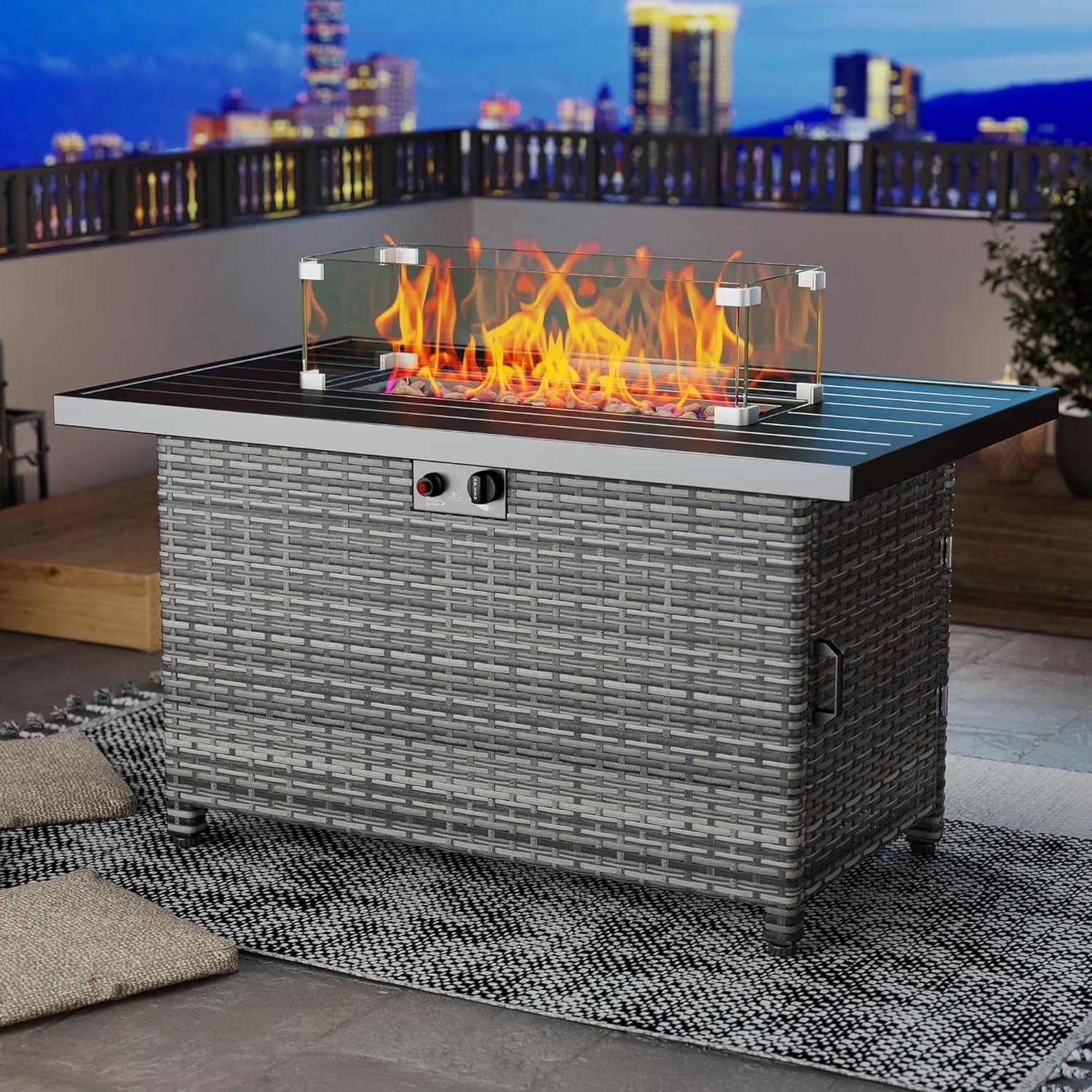 44 Inch Outdoor Wicker Fire Pit Table, 50000 BTU Propane Fire Pits with Glass Wind Guard and Lid, Patio Gas Fire Pit for outside Patio and Garden(Brown)
