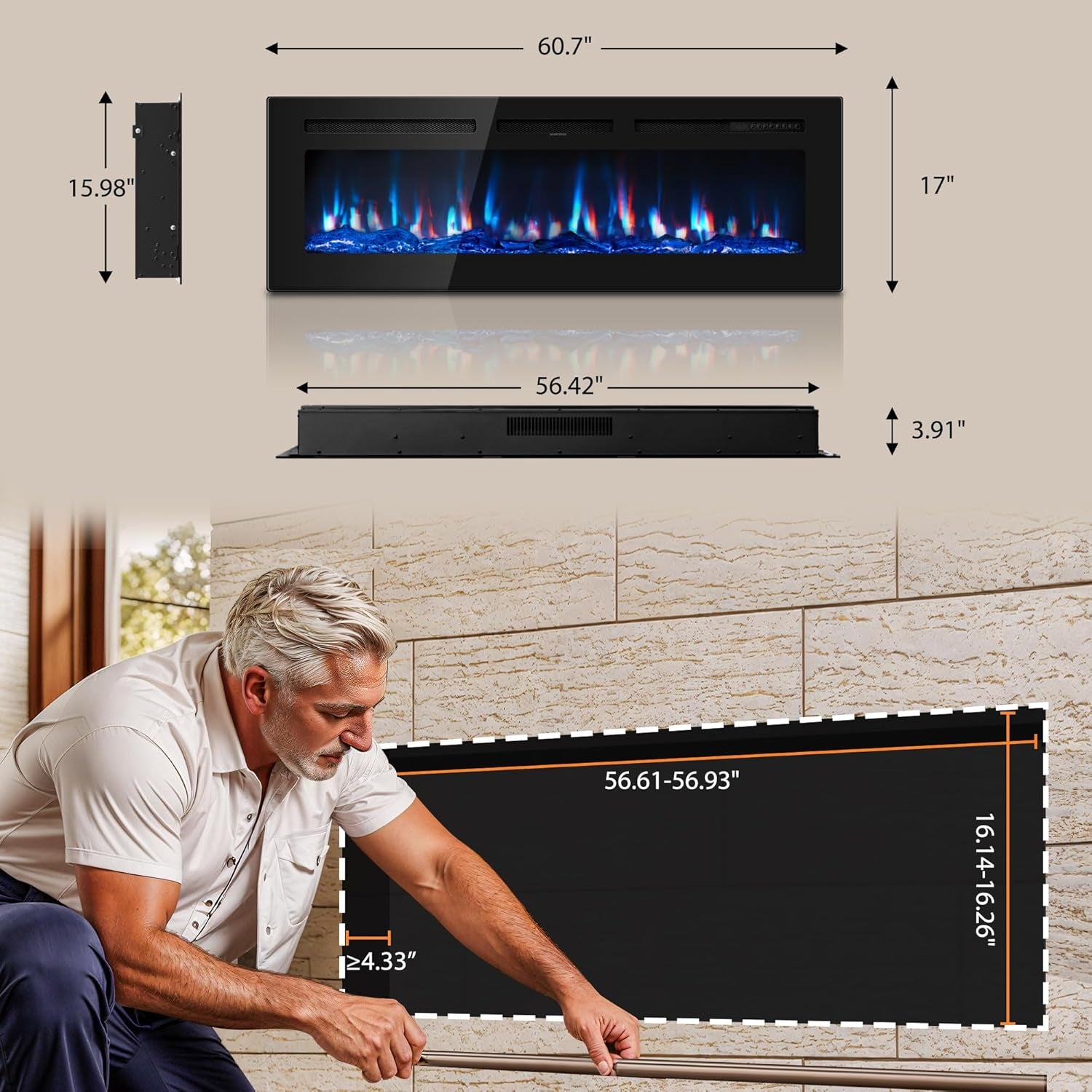 60 Inch Electric Fireplace In-Wall Recessed and Wall Mounted with Remote Control, 1500/750W Fireplace Heater (60-99°F Thermostat) with 12 Adjustable Color, Timer, Log and Crystal
