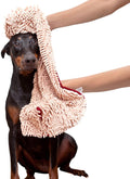 Soggy Doggy Super Shammy Dog Towel – Absorbent Microfiber Chenille Pet Towel for Drying Wet Dogs, Muddy Paws, Quick Dry Dog Shammy with Hand Pockets, Machine Washable – Beige/Red Trim, 31” X 14”