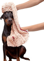 Soggy Doggy Super Shammy Dog Towel – Absorbent Microfiber Chenille Pet Towel for Drying Wet Dogs, Muddy Paws, Quick Dry Dog Shammy with Hand Pockets, Machine Washable – Beige/Red Trim, 31” X 14”