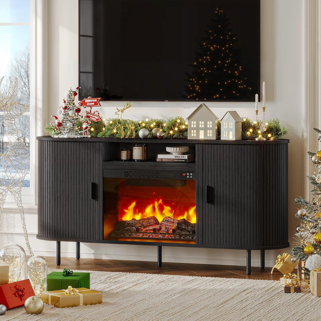 63" Fluted Fireplace TV Stand with 23" Electric Fireplace, Sliding Doors Entertainment Center for Tvs up to 70", TV Console with Power Outlet & Storage, Mid-Century Modern for Living Room, Black