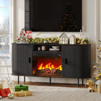 63" Fluted Fireplace TV Stand with 23" Electric Fireplace, Sliding Doors Entertainment Center for Tvs up to 70", TV Console with Power Outlet & Storage, Mid-Century Modern for Living Room, Black