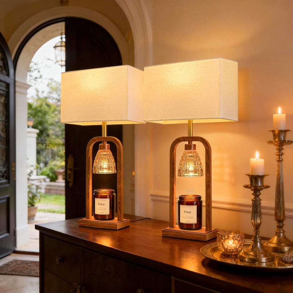 Farmhouse Table Lamps with Candle Warmer & Timer for Bedroom, Wood-Like Bedside Lamps Set of 2 for Night Stands, 21.5'' Bedroom Lamps Decor for Living Room, Corded Eletric, No Battery