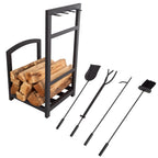 Jivin 5-Piece Fireplace Tool Set and Log Rack - Mission-Style Firewood Holder with Shovel, Broom, Tongs, and Poker for Hearth