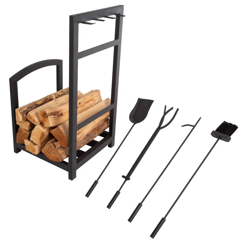 Jivin 5-Piece Fireplace Tool Set and Log Rack - Mission-Style Firewood Holder with Shovel, Broom, Tongs, and Poker for Hearth