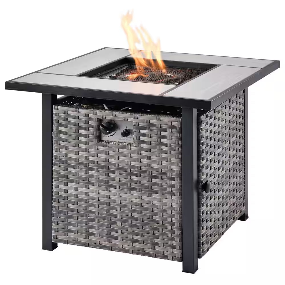 Mars Gray 9-Piece 7-People Wicker Patio Conversation Fire Pit Sofa Set with Red Orange Cushion and Swivel Rocking Chairs