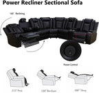 Power Recliner Sectional Sofa with LED Light, Breathing Leather Recliner Sofa Couch with Storage/Cup Holder for Living Room Home Office Theater (Black)