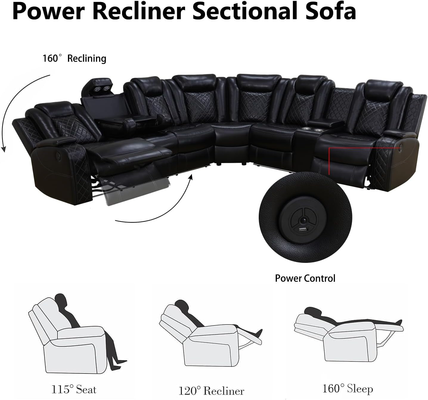 Power Recliner Sectional Sofa with LED Light, Breathing Leather Recliner Sofa Couch with Storage/Cup Holder for Living Room Home Office Theater (Black)