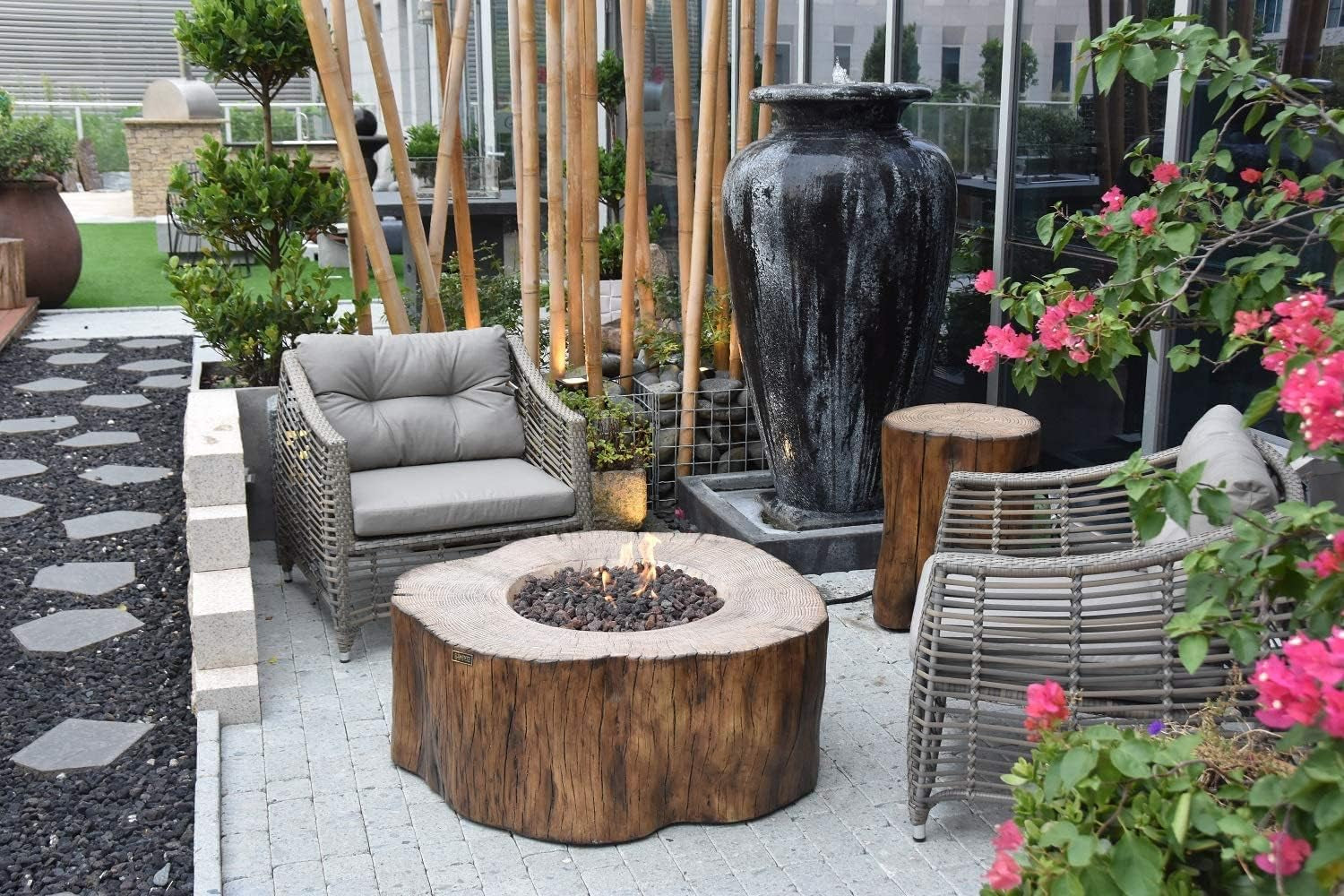 | Manchester Gas Fire Pit Cast Concrete Semi-Round Fire Table, Outdoor Fire Pit Electronic Ignition | Canvas Cover, Lava Rock Included | Red Wood (Propane Gas)
