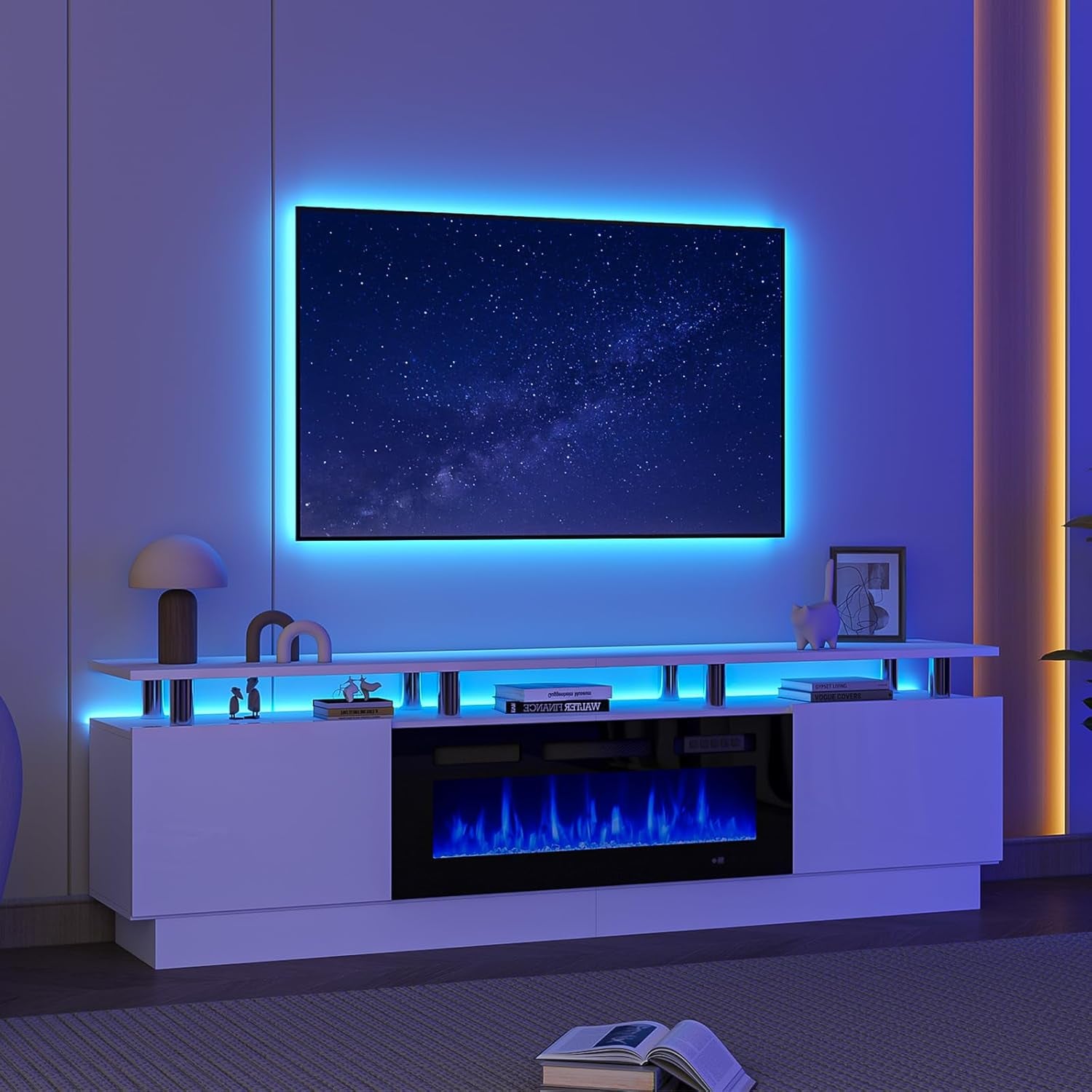 80" Fireplace TV Stand, Modern Entertainment Center & 36 Inch Electric Fireplace with Remote Control, LED Light, Fire Place Tv Stand for Living Room for Tvs up to 90", White + Black