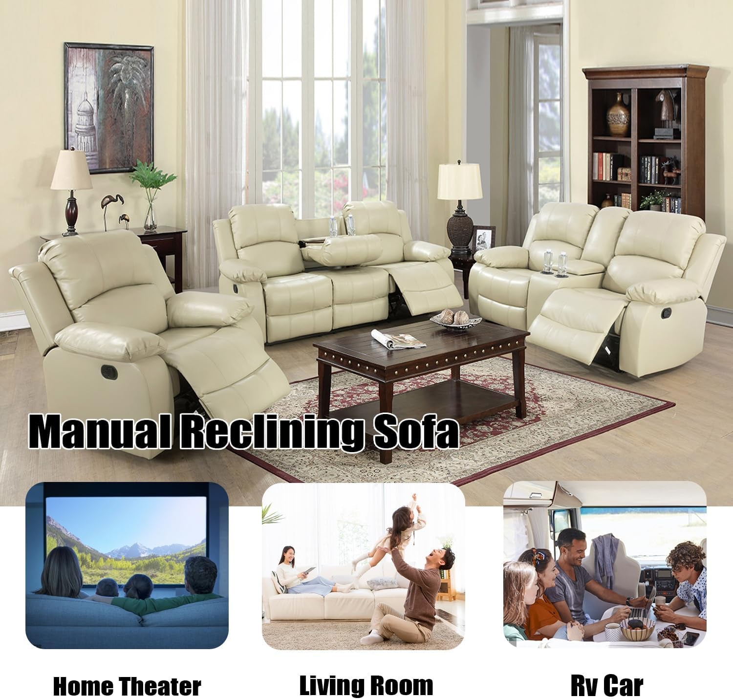 Manual Leather Recliner Sofa Set for Living Room Furniture Sets,Reclining Couch Set, Leather Couch Set for Living Room/Lounge/Club/Apartment(Beige,Sofa+Loveseat+Chair)