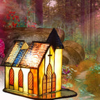 Tiffany Style Stained Glass Cathedral Church Night Light,E14, Accent Lamp, Table Lamp,Antique Bedroom Bedside Nightlight Lamp,Mission Desk Lamp,110-240V,A