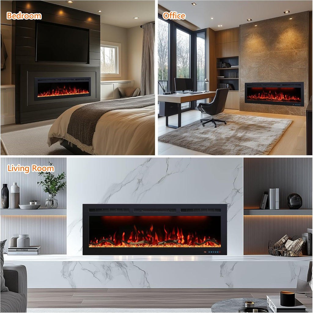 60 Inch Electric Fireplace Heater, Smart Control via Alexa& App, Recessed and Wall Mounted Fireplace Insert with Multicolor Realistic Flame Effects,Crackling Sound and Logs& Crystal,5100Btus, Black