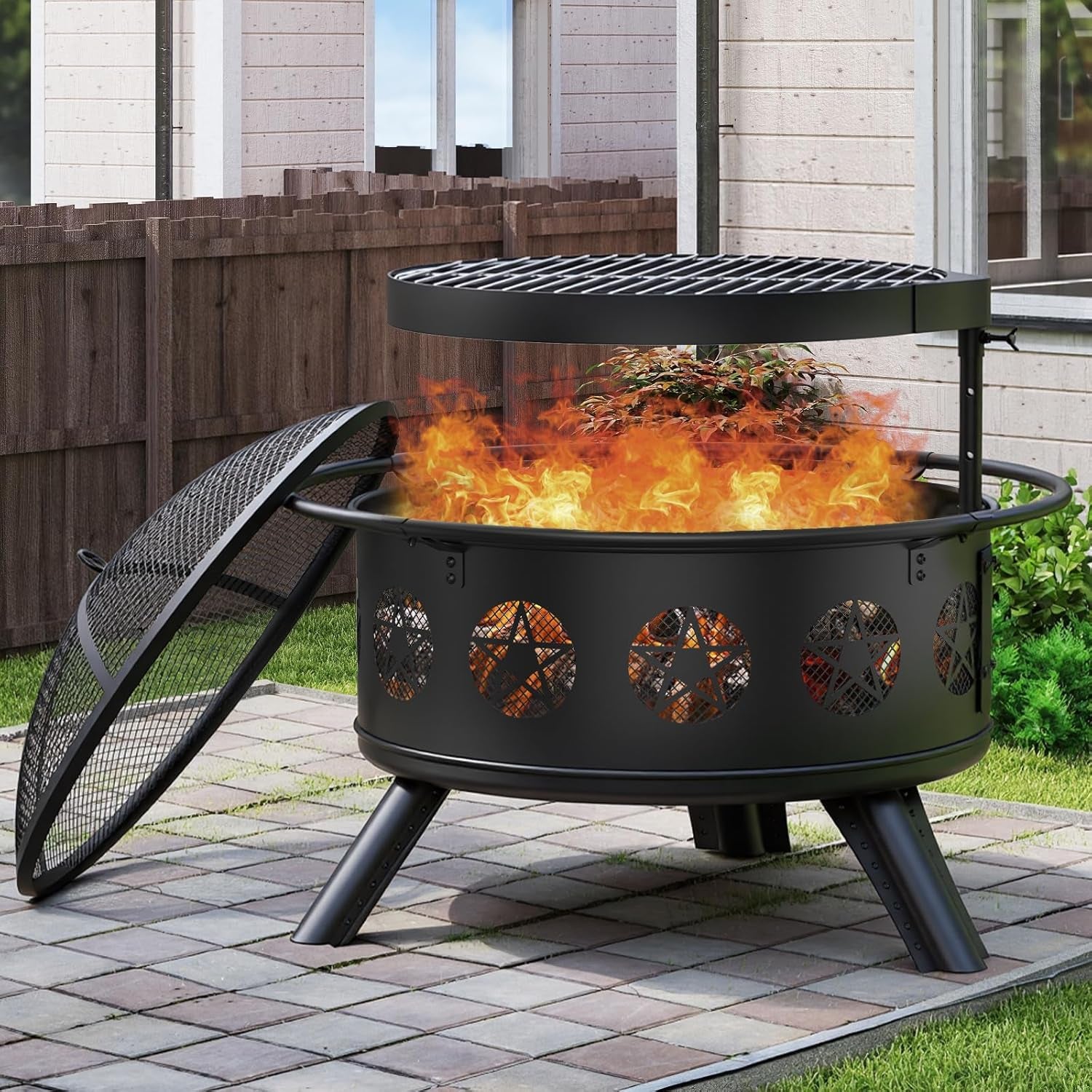 32 Inch Fire Pit with BBQ Grill & Mesh Cover, Wood Burning Fire Pits for outside with Fire Poker, Pentagram Hollow Design, round Metal Outdoor Firepit for Patio, Garden, Backyard, Bonfire Party
