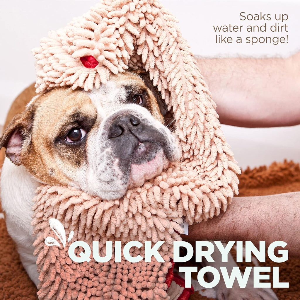 Soggy Doggy Super Shammy Dog Towel – Absorbent Microfiber Chenille Pet Towel for Drying Wet Dogs, Muddy Paws, Quick Dry Dog Shammy with Hand Pockets, Machine Washable – Beige/Red Trim, 31” X 14”