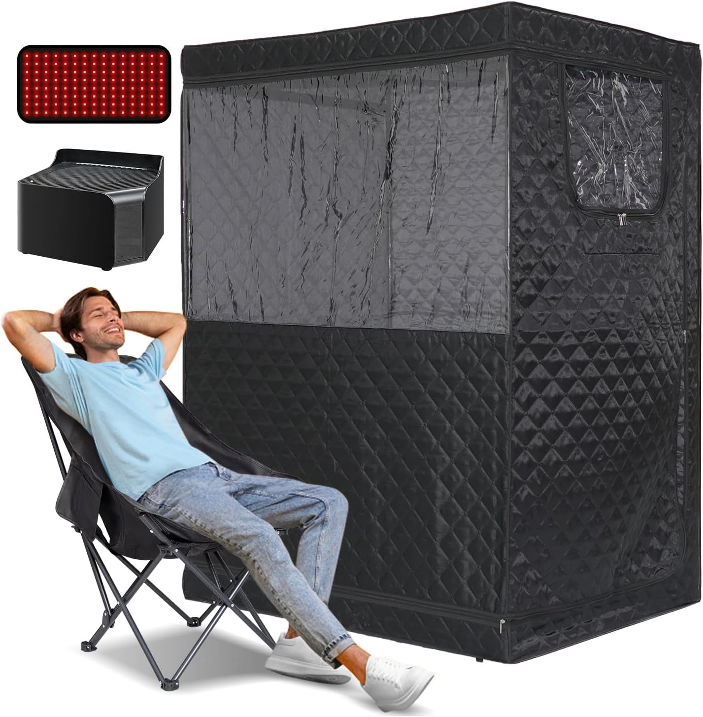 Portable Steam Sauna, Personal Steam Sauna Box, Indoor Steam Sauna for Home, with 4L 1600W Steamer, Remote Control, Folding Chair (Black, 47.24 * 35.43 * 62.7 Inch)