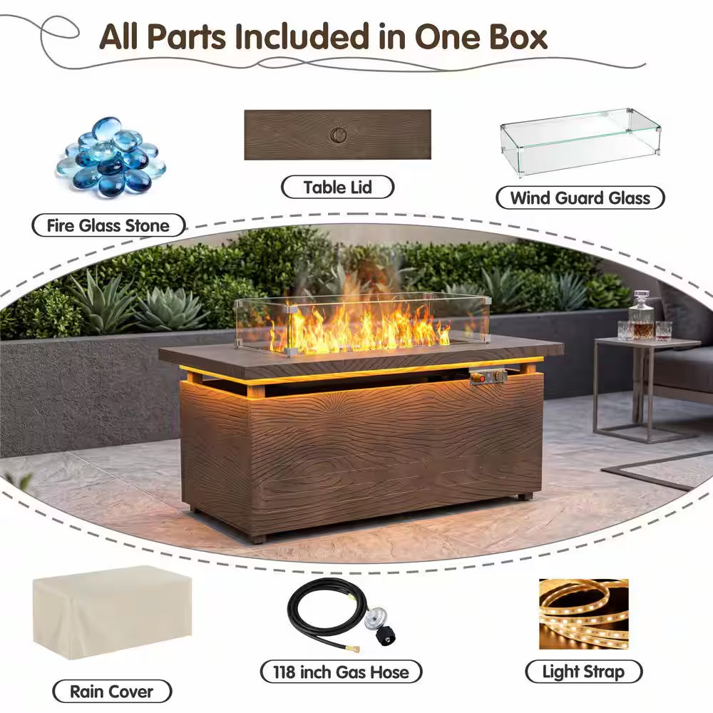 51 In. Retangular Fire Pit Table with Metal Table Top Outdoor Fire Pit Table in Brown Wood Grain