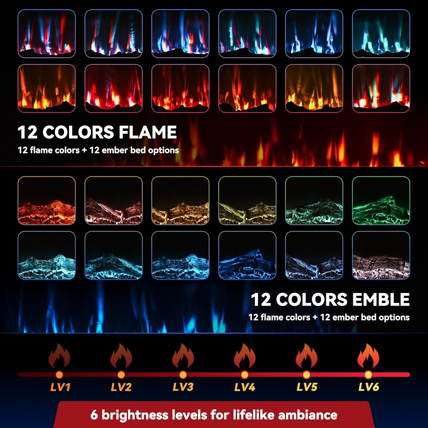60 Inch Electric Fireplace In-Wall Recessed and Wall Mounted with Remote Control, 1500/750W Fireplace Heater (60-99°F Thermostat) with 12 Adjustable Color, Timer, Log and Crystal