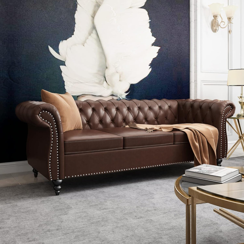 Chesterfield Leather Sofa 3 Seater Couch, Mid-Century Large Sofa Roll Arm Classic Tufted Settee Modern PU Sofa with Channel Tufted Seat Back for Living Room, Office, Apartment, PU Brown