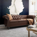 Chesterfield Leather Sofa 3 Seater Couch, Mid-Century Large Sofa Roll Arm Classic Tufted Settee Modern PU Sofa with Channel Tufted Seat Back for Living Room, Office, Apartment, PU Brown