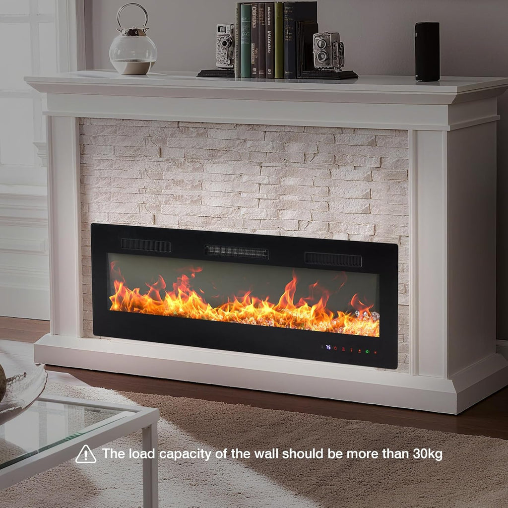 50 Inch Electric Fireplace Wall Mounted/Recessed/Free Standing Space Heater with Remote Control Adjustable Flame Colors Touch Screen Energy Saving, Black