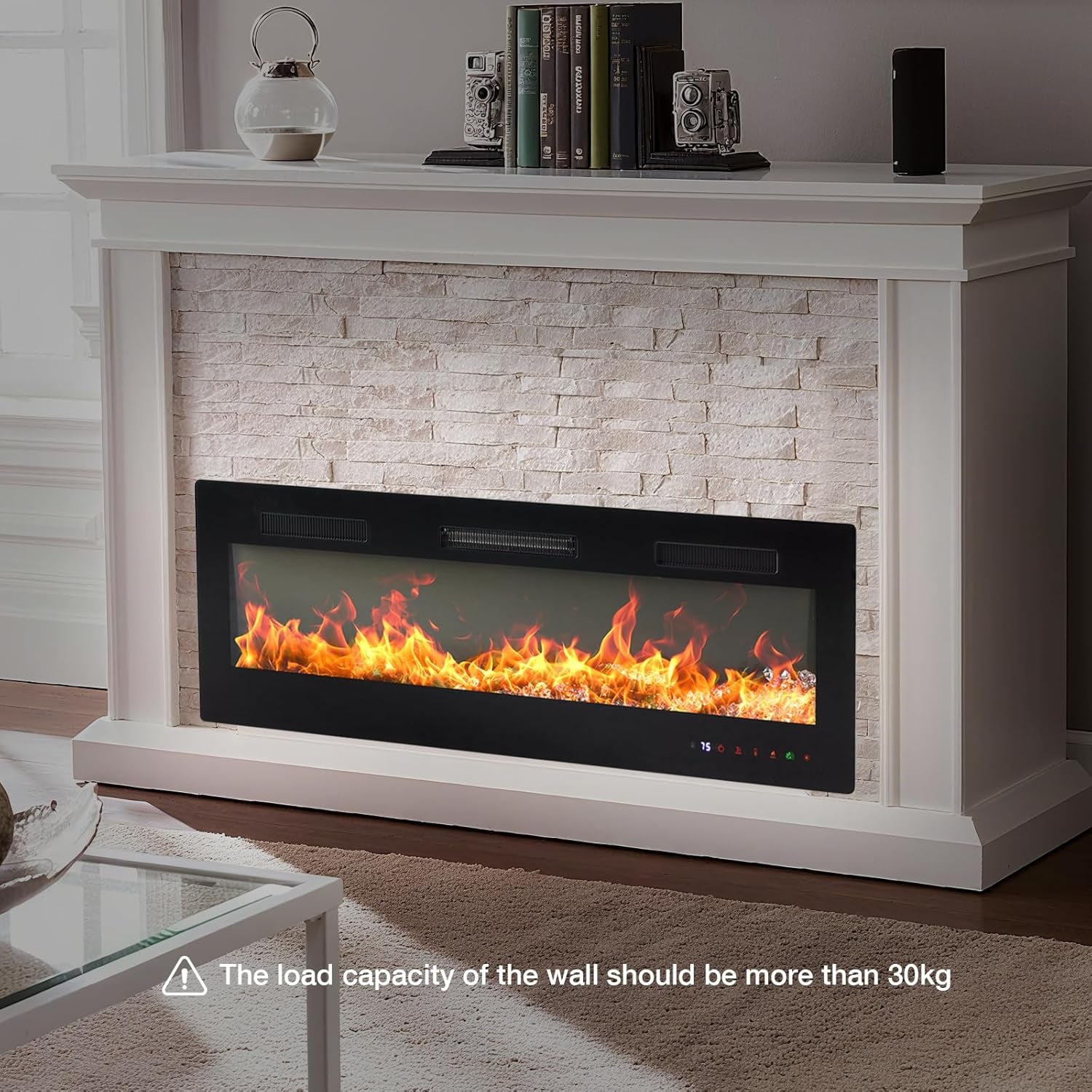 50 Inch Electric Fireplace Wall Mounted/Recessed/Free Standing Space Heater with Remote Control Adjustable Flame Colors Touch Screen Energy Saving, Black