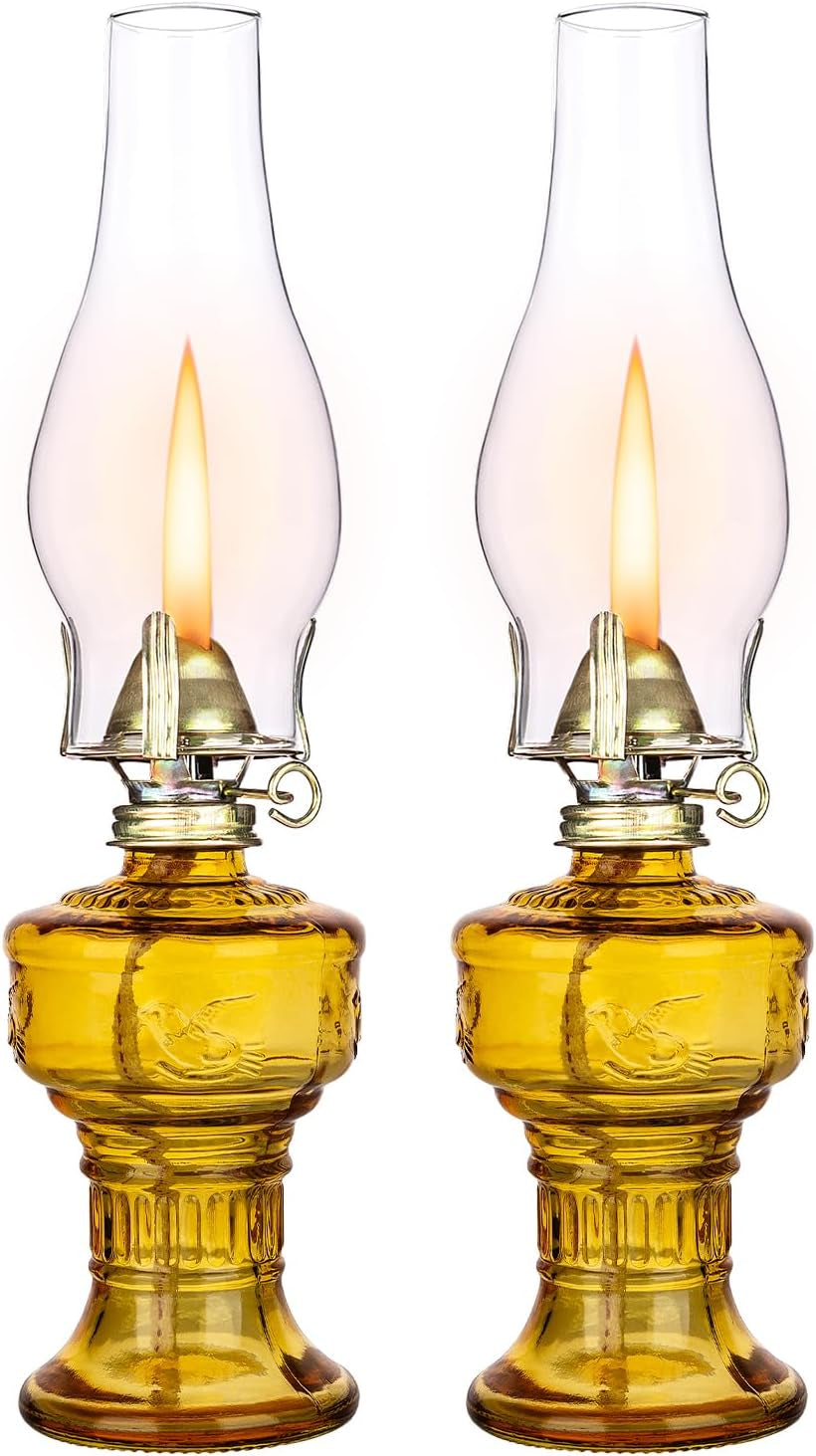 2 Pcs Chamber Oil Lamps for Indoor Vintage Kerosene Lamp Rustic Hurricane Kerosene Lantern with Adjustable Fire Wick Lighting Oil Lantern for Tabletop Decor and Emergency Lighting, 13'' High (Brown)