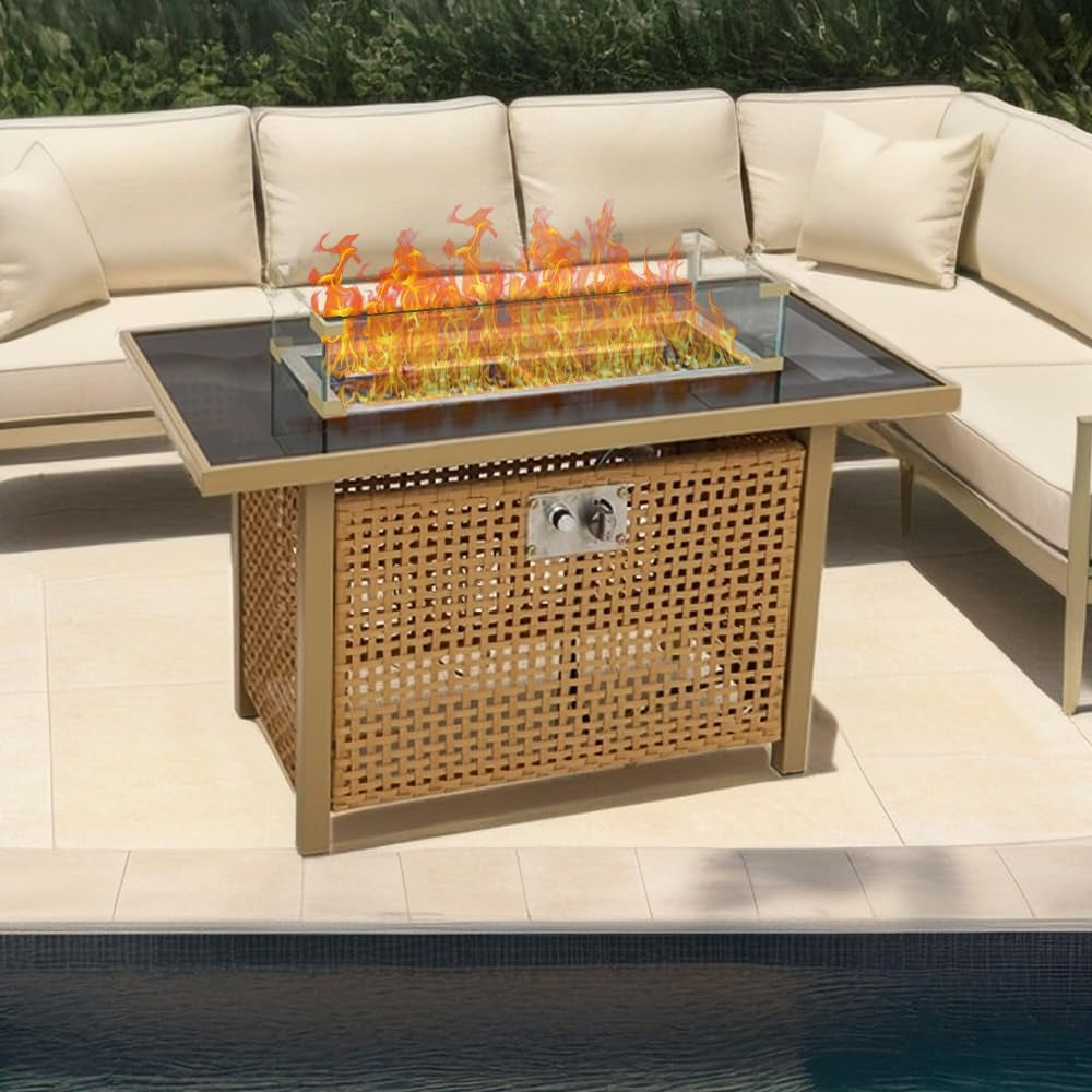 Outdoor Patio 43" Propane Gas Fire Pit Table, 60000 BTU Rectangular Open Weave with Glass Wind Guard for Garden, Couch, Porch, Backyard, Orange & Mustard Yellow