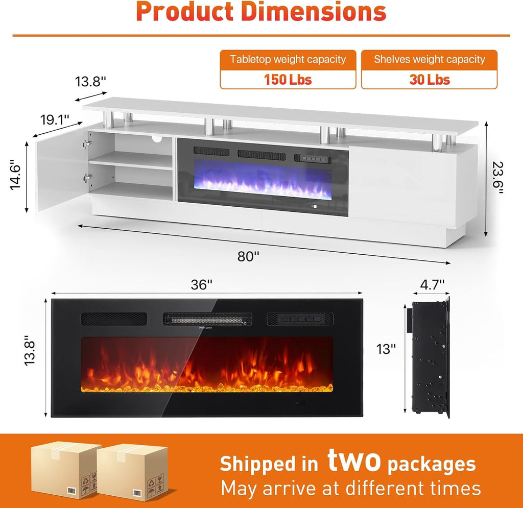 80" Fireplace TV Stand, Modern Entertainment Center & 36 Inch Electric Fireplace with Remote Control, LED Light, Fire Place Tv Stand for Living Room for Tvs up to 90", White + Black