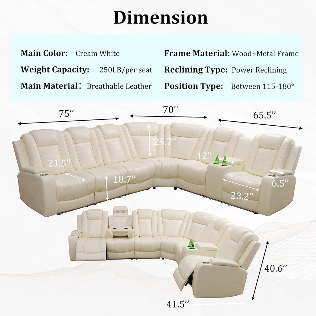Power Recliner Sectional Sofa,Breathing Leather Reclining Sectional Couches for Living Room, Living Room Furnitures Sets with Cup Holder/Usb Charge for Home Office Theater (Creamy White2)