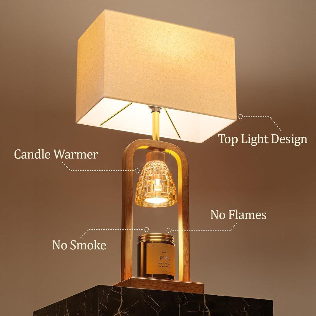 Farmhouse Table Lamps with Candle Warmer & Timer for Bedroom, Wood-Like Bedside Lamps Set of 2 for Night Stands, 21.5'' Bedroom Lamps Decor for Living Room, Corded Eletric, No Battery
