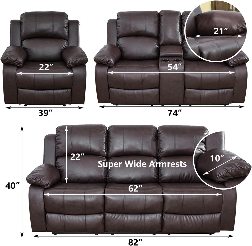 Manual Leather Recliner Sofa Set for Living Room Furniture Sets,Reclining Couch Set, Leather Couch Set for Living Room/Lounge/Club/Apartment(Brown,Sofa+Loveseat+Chair)