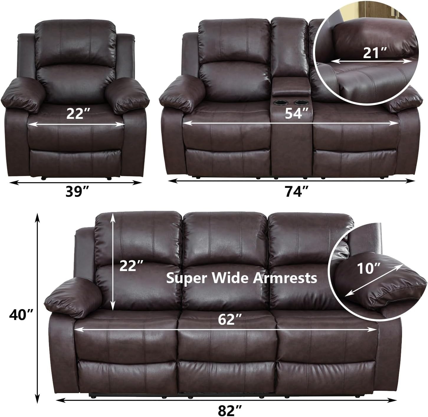 Manual Leather Recliner Sofa Set for Living Room Furniture Sets,Reclining Couch Set, Leather Couch Set for Living Room/Lounge/Club/Apartment(Brown,Sofa+Loveseat+Chair)