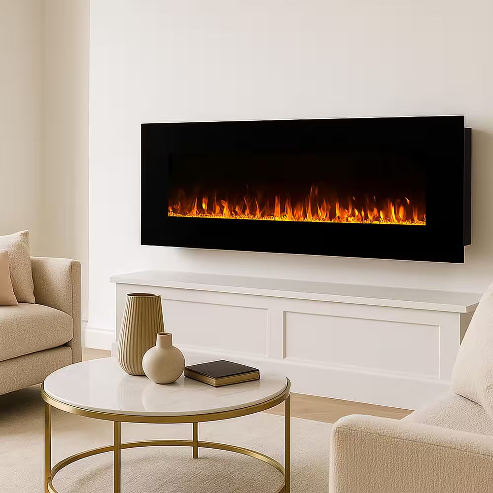 54 In. Wall Mounted LED Fire and Ice Electric Fireplace with Remote in Black