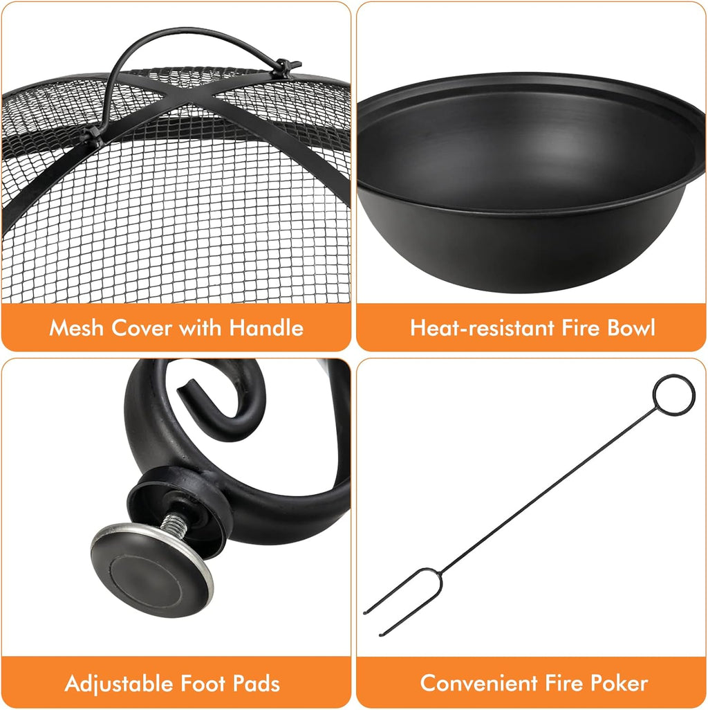 Patio Fire Pit Dining Table, round Wood Burning Fire Bowl, Outdoor Fire Pit Table with Fire Bowl, Wood Grate, Spark Screen Cover, Lid and Poker, Patio, Garden, Balcony