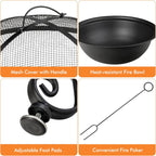 Patio Fire Pit Dining Table, round Wood Burning Fire Bowl, Outdoor Fire Pit Table with Fire Bowl, Wood Grate, Spark Screen Cover, Lid and Poker, Patio, Garden, Balcony