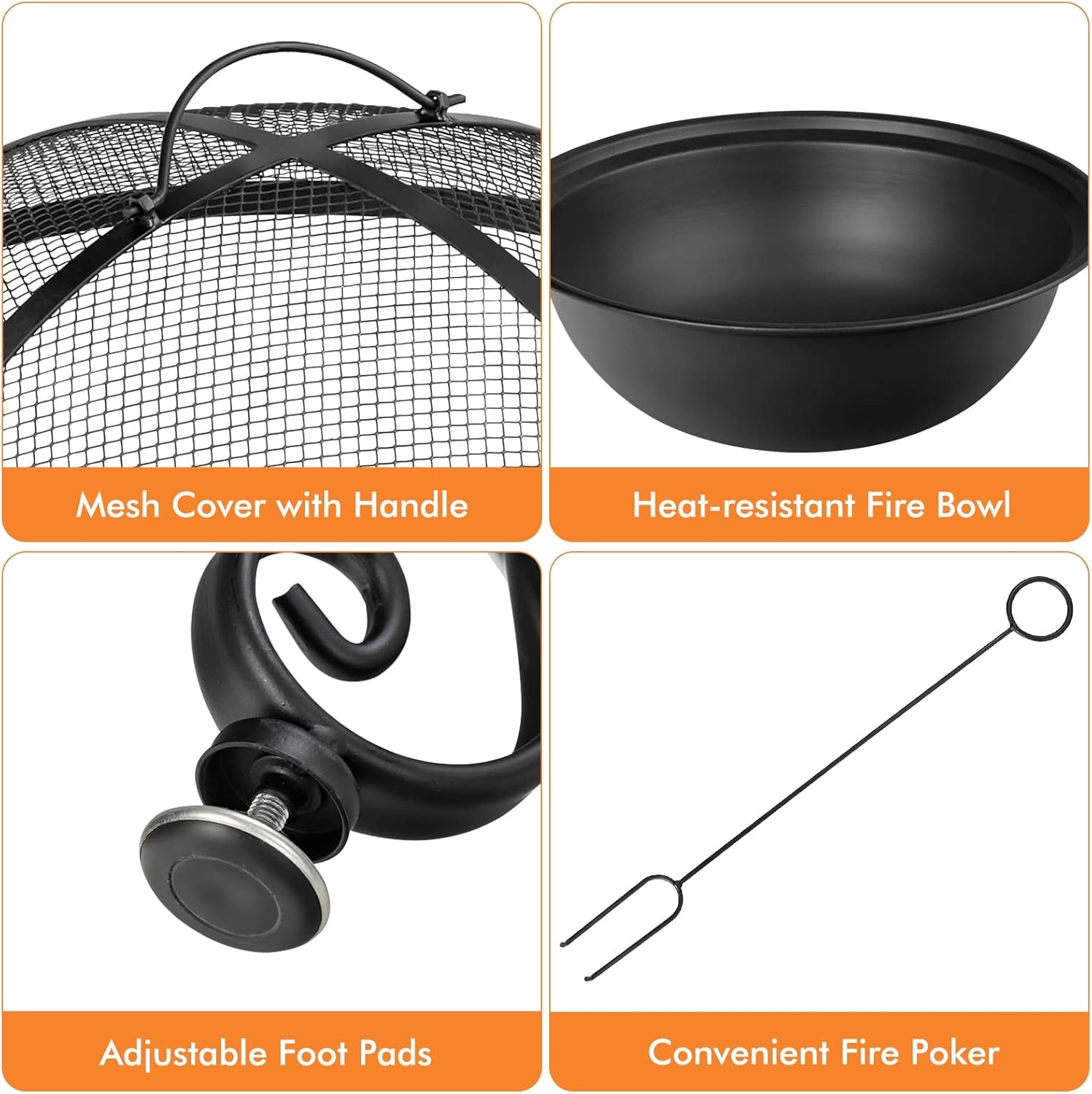 Patio Fire Pit Dining Table, round Wood Burning Fire Bowl, Outdoor Fire Pit Table with Fire Bowl, Wood Grate, Spark Screen Cover, Lid and Poker, Patio, Garden, Balcony
