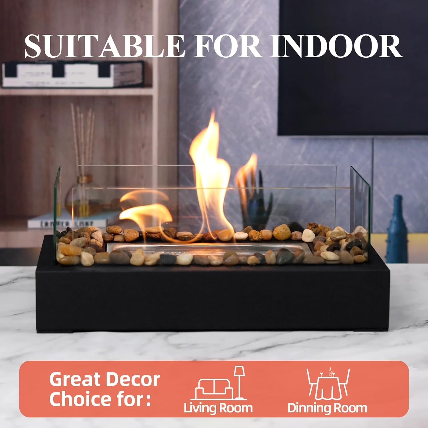 Tabletop Fire Pit - Stainless Steel Portable Fireplace with Cobblestone, Indoor Outdoor Decor, Gift for Christmas